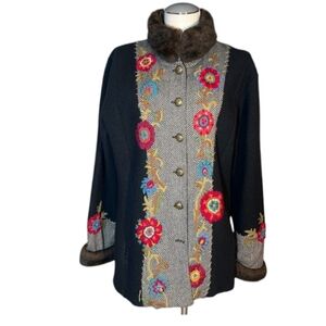 Embroidered Black Wool-Blend Pea Coat with Faux Fur Collar